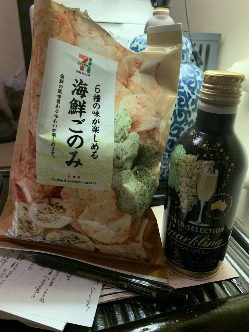 Night snack and sparkling wine from 711