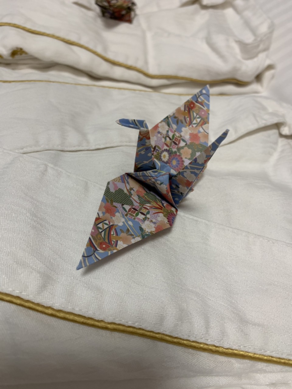 Crane origami on our kimono, a welcome gift from our hotel in Nagoya
